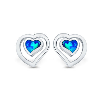 Heart Stud Earrings Lab Created Blue Opal 925 Sterling Silver (11mm)